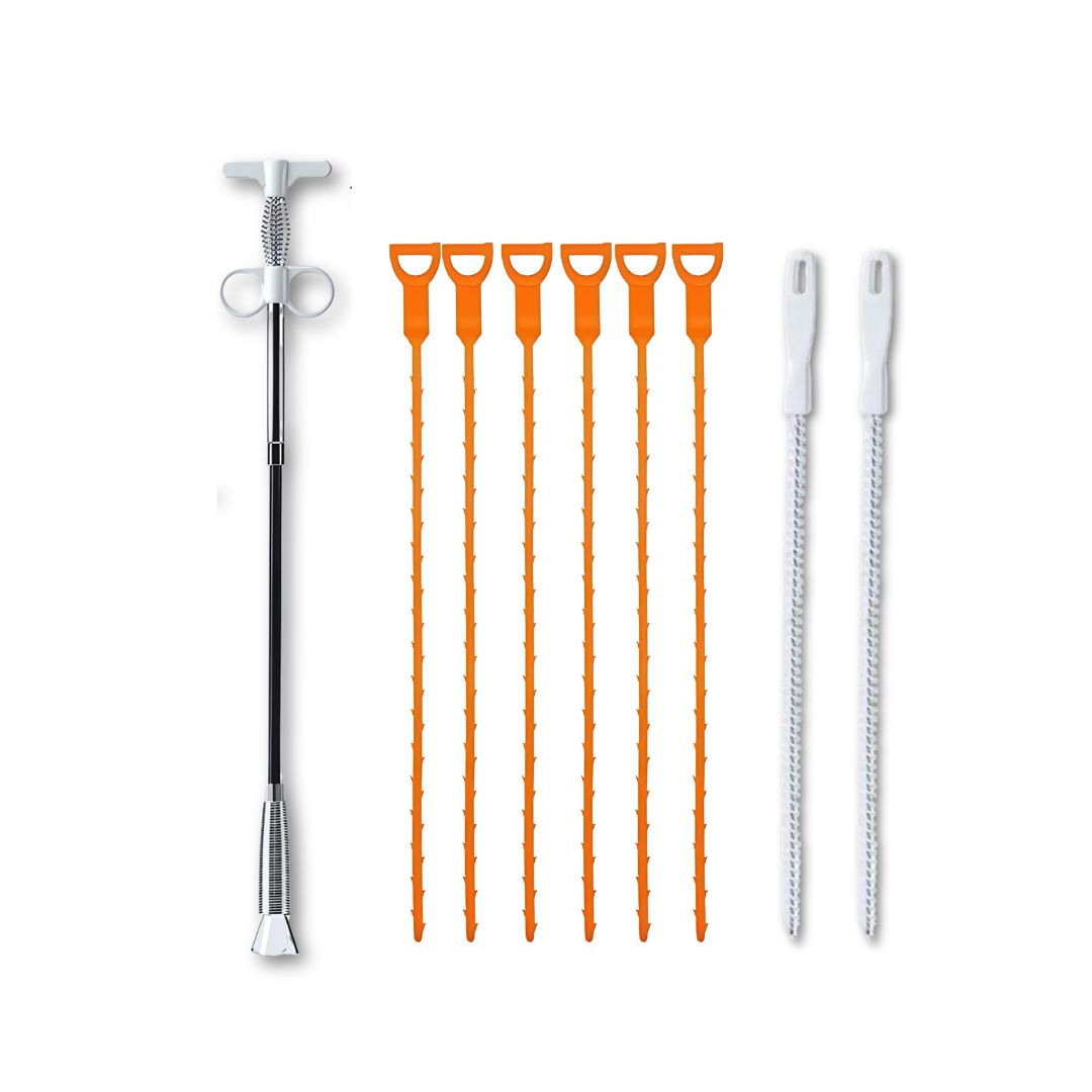 9-in-1 Drain Cleaning Tool Set – Fencing-Style Drain Clog Remover(1pcs), 20inch Drain Snake Hair Remover(6pcs) & 18inch Spiral Pipe Cleaning Brush(2pcs) for Kitchen, Bathroom, and Floor Drains