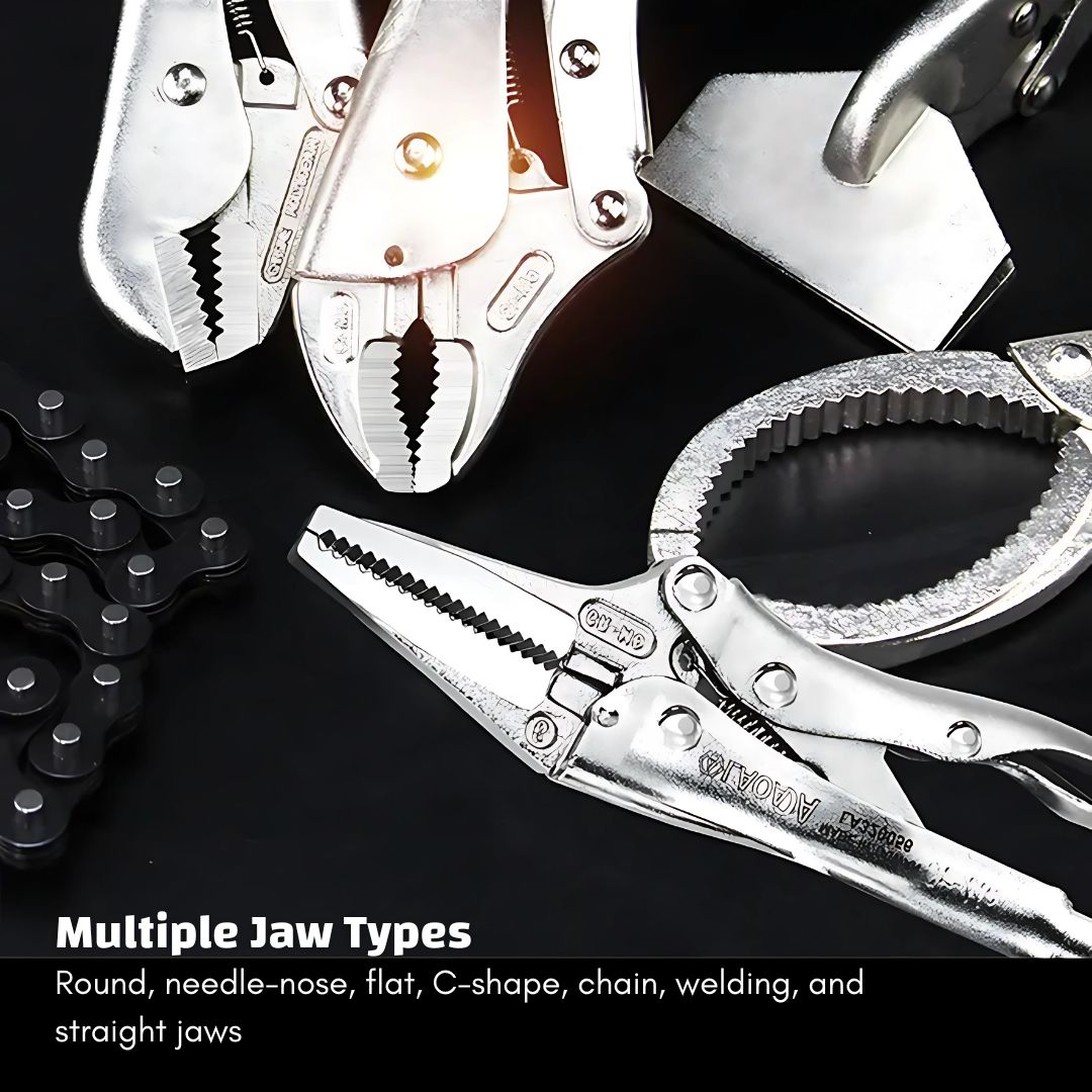 High Hardness & Torque CR-MO (Chromium-Molybdenum) Steel Locking Pliers with Multiple Jaw Types (Round, Needle-nose, Flat, C-shape, Chain, Welding, Straight) for DIY & Professional Use