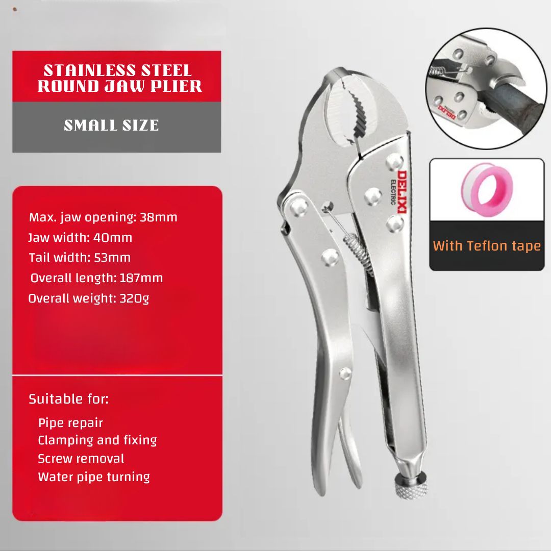 Durable and High-Torque Steel Locking Plier in Round Jaw / Straight Jaw / long Nose Jaw for Clamping, Unscrewing bolts, Pipe Maintenance, and Securing