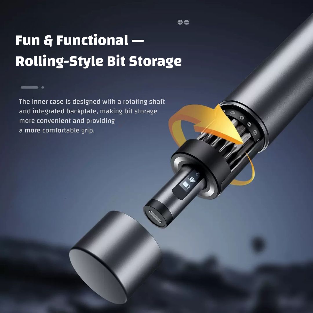 Rolling Electric Screwdriver with Rotating Storage | 62-in-1 S2 Precision Bit Set | OLED Display | Rechargeable Mini Power Driver for Home & DIY
