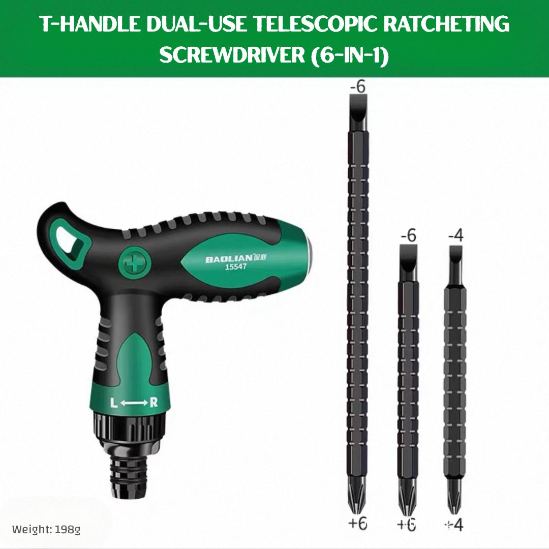T-Handle 12-in-1 Dual-Use Ratcheting Screwdriver — Adjustable Length, Strong Magnetic Bit Holder, Chrome Vanadium, for Automotive, DIY & Home Repair