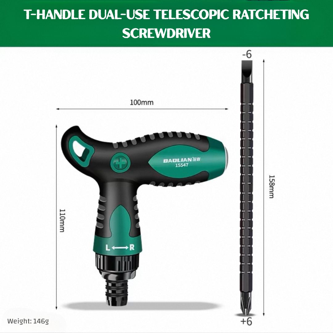 T-Handle 12-in-1 Dual-Use Ratcheting Screwdriver — Adjustable Length, Strong Magnetic Bit Holder, Chrome Vanadium, for Automotive, DIY & Home Repair