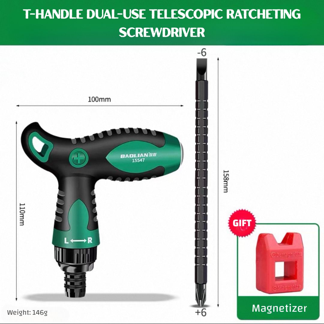 T-Handle 12-in-1 Dual-Use Ratcheting Screwdriver — Adjustable Length, Strong Magnetic Bit Holder, Chrome Vanadium, for Automotive, DIY & Home Repair