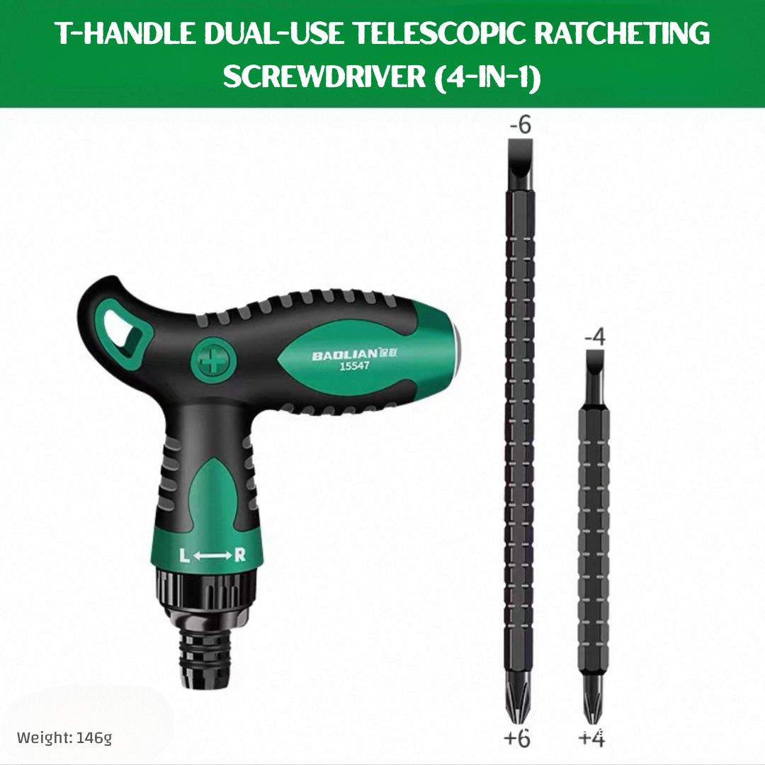 T-Handle 12-in-1 Dual-Use Ratcheting Screwdriver — Adjustable Length, Strong Magnetic Bit Holder, Chrome Vanadium, for Automotive, DIY & Home Repair