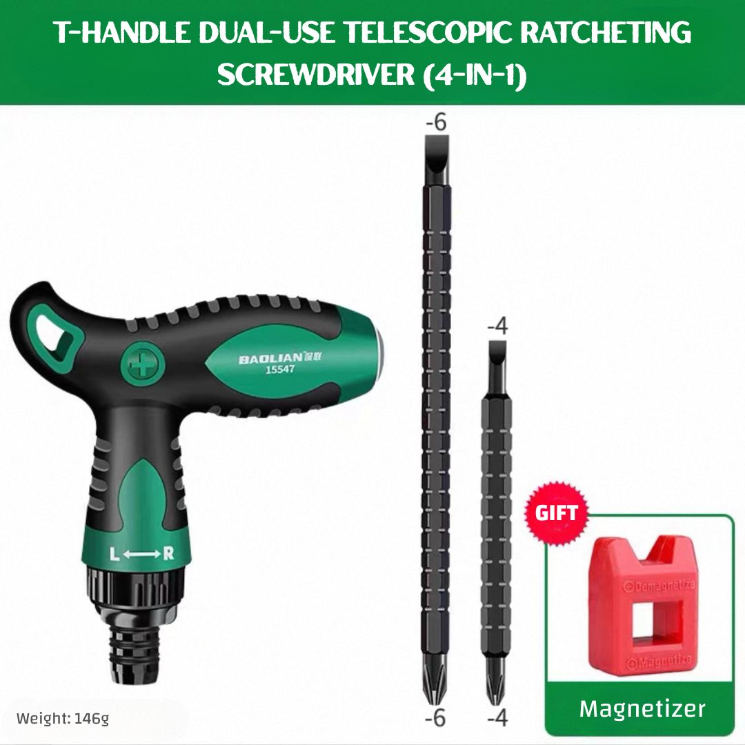 T-Handle 12-in-1 Dual-Use Ratcheting Screwdriver — Adjustable Length, Strong Magnetic Bit Holder, Chrome Vanadium, for Automotive, DIY & Home Repair