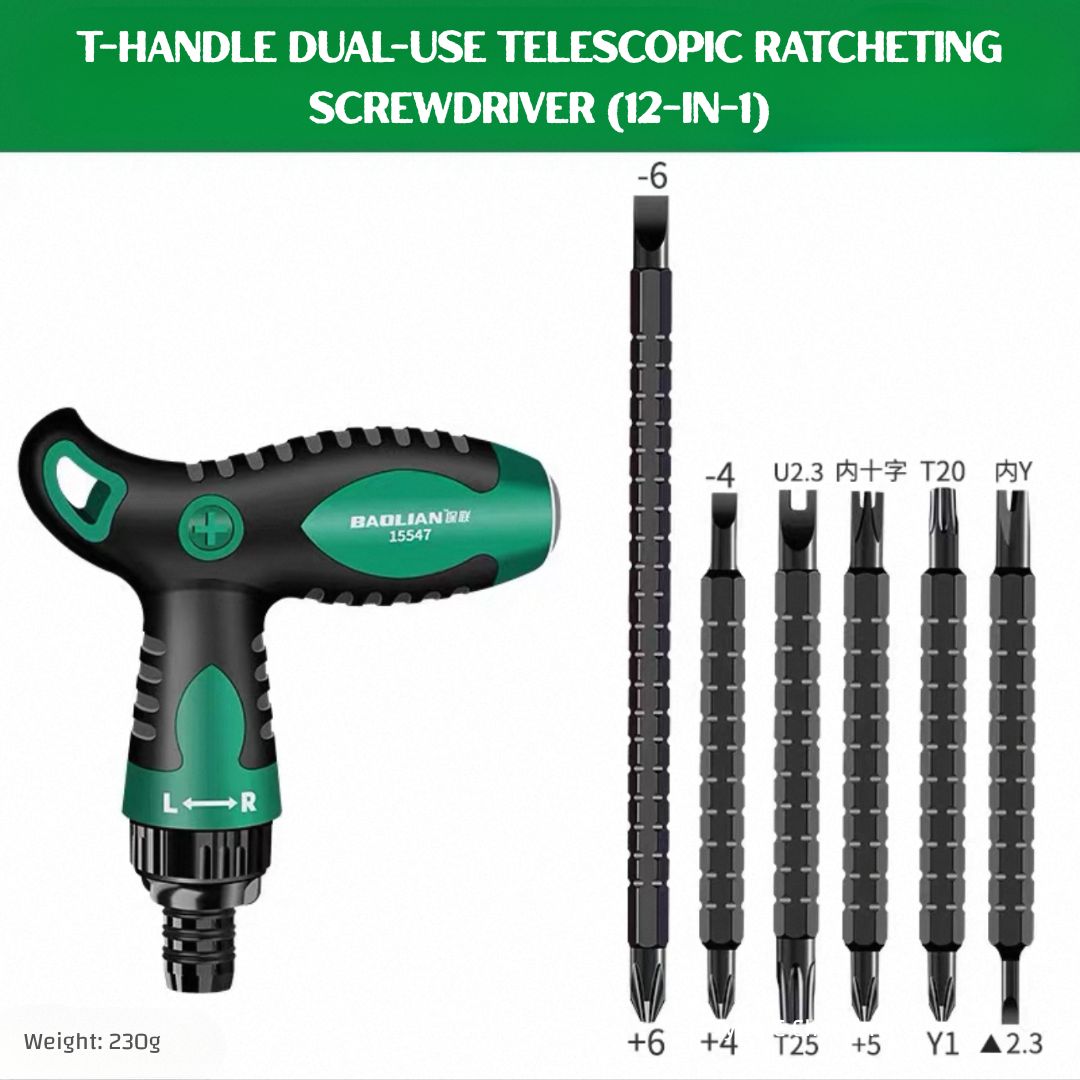 T-Handle 12-in-1 Dual-Use Ratcheting Screwdriver — Adjustable Length, Strong Magnetic Bit Holder, Chrome Vanadium, for Automotive, DIY & Home Repair