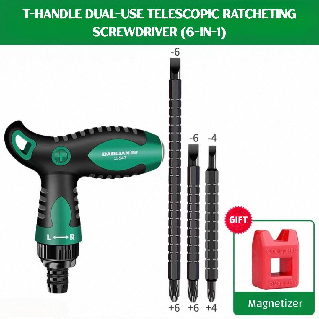 T-Handle 12-in-1 Dual-Use Ratcheting Screwdriver — Adjustable Length, Strong Magnetic Bit Holder, Chrome Vanadium, for Automotive, DIY & Home Repair