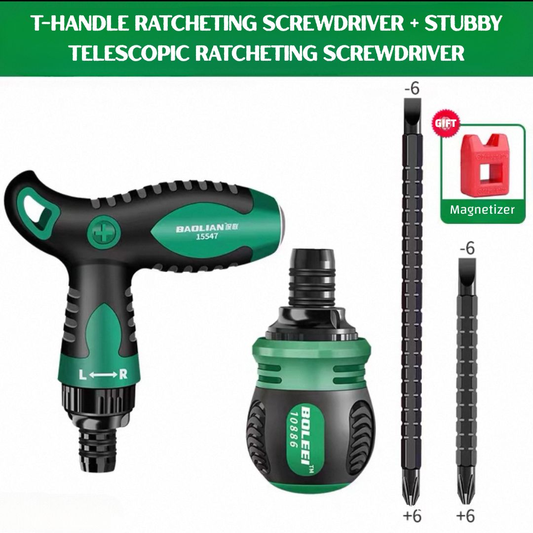 T-Handle 12-in-1 Dual-Use Ratcheting Screwdriver — Adjustable Length, Strong Magnetic Bit Holder, Chrome Vanadium, for Automotive, DIY & Home Repair