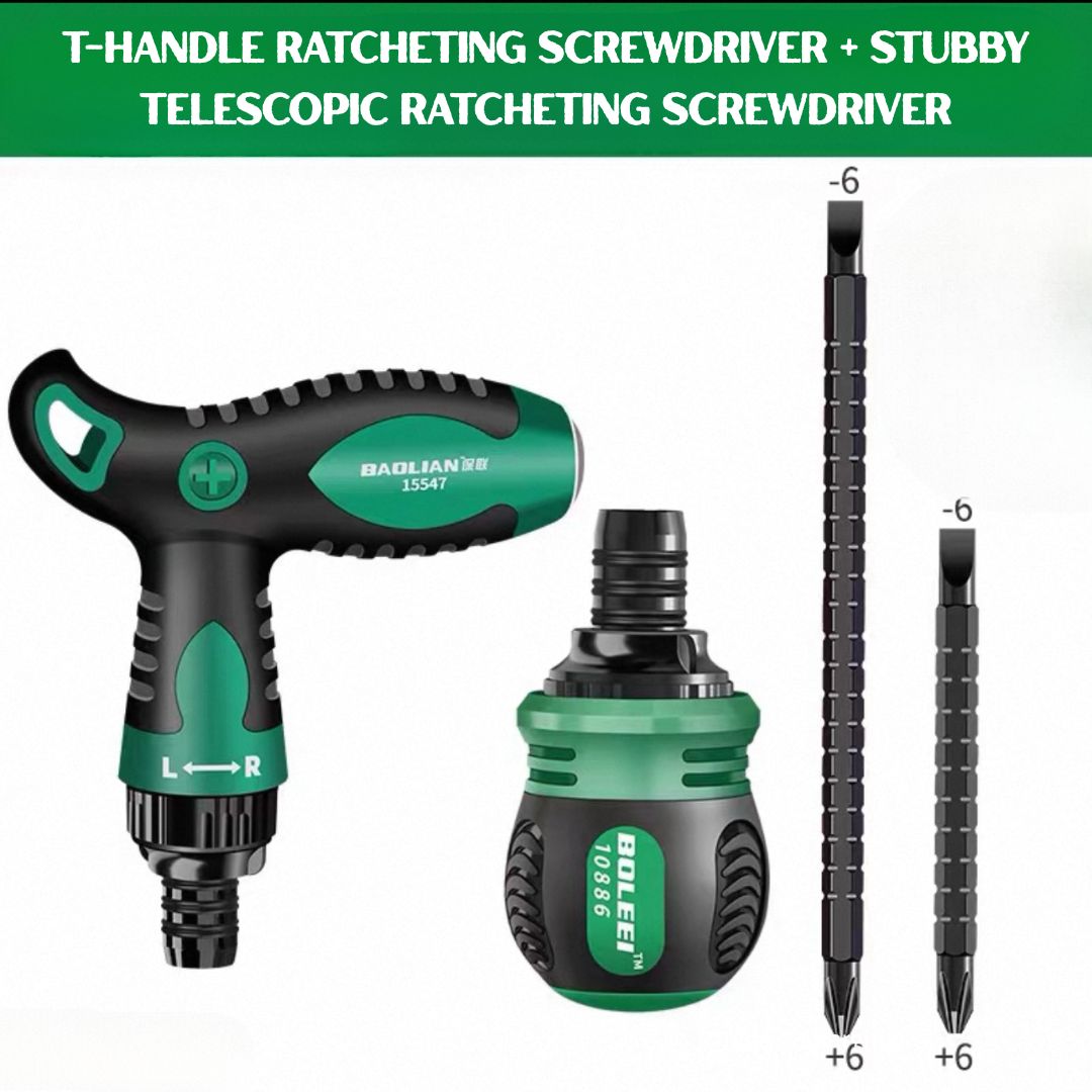 T-Handle 12-in-1 Dual-Use Ratcheting Screwdriver — Adjustable Length, Strong Magnetic Bit Holder, Chrome Vanadium, for Automotive, DIY & Home Repair