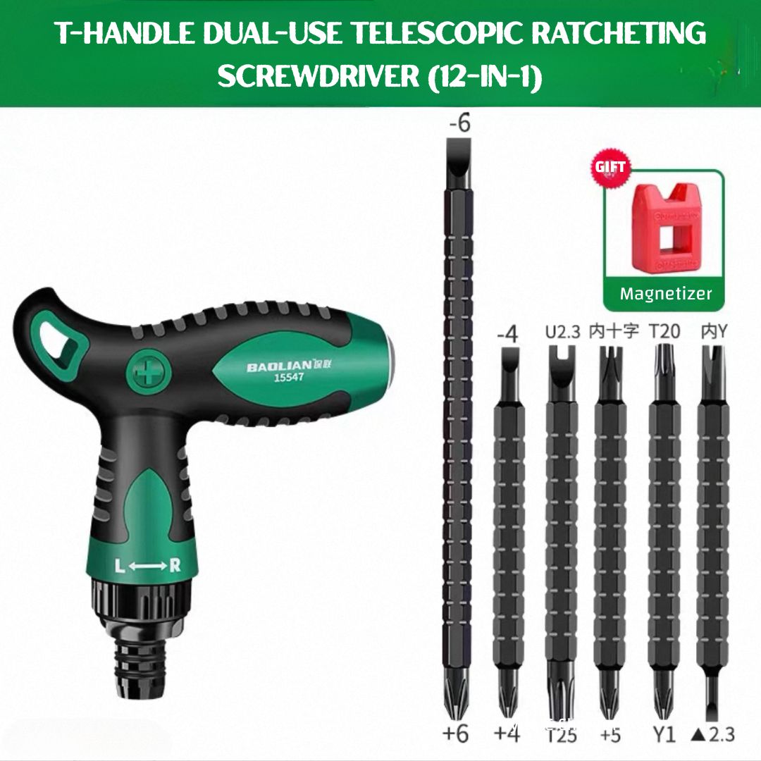 T-Handle 12-in-1 Dual-Use Ratcheting Screwdriver — Adjustable Length, Strong Magnetic Bit Holder, Chrome Vanadium, for Automotive, DIY & Home Repair