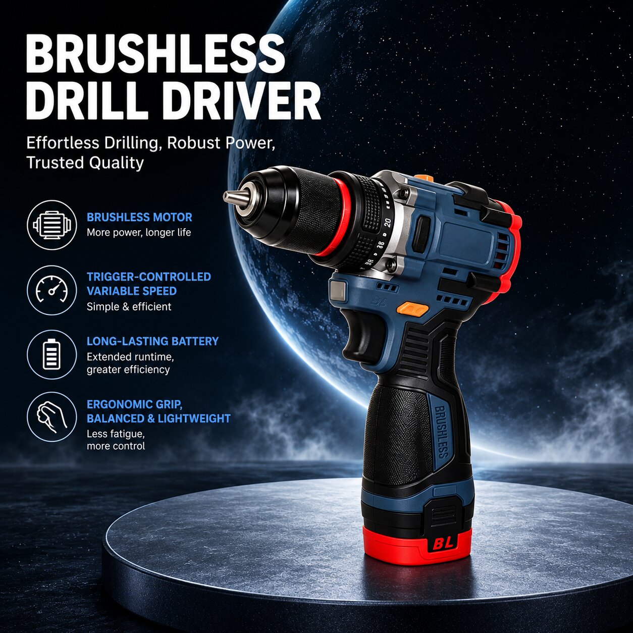16.8V Brushless Cordless Drill Driver with 50Nm Torque, 2-Speed Control & Variable Speed - Rechargeable Electric Screwdriver for Electrical & Plumbing Maintenance, Home Renovation, Furniture Installation
