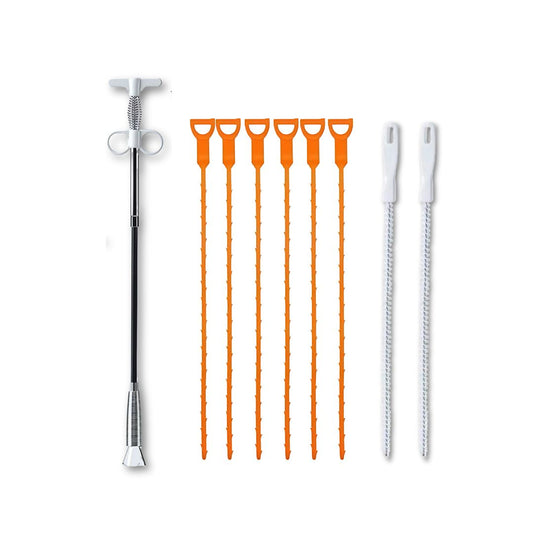 9-in-1 Drain Cleaning Tool Set – Fencing-Style Drain Clog Remover(1pcs), 20inch Drain Snake Hair Remover(6pcs) ＆ 18inch Spiral Pipe Cleaning Brush(2pcs) for Kitchen, Bathroom, and Floor Drains