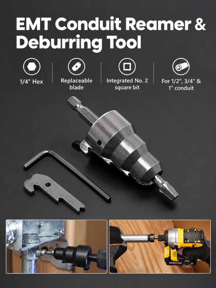 Power Conduit Reamer Tool Kit, EMT Deburring Tool with Replaceable Blade, 1/4" Hex Shank, No. 2 Square Bit, for 1/2", 3/4" & 1" Conduit