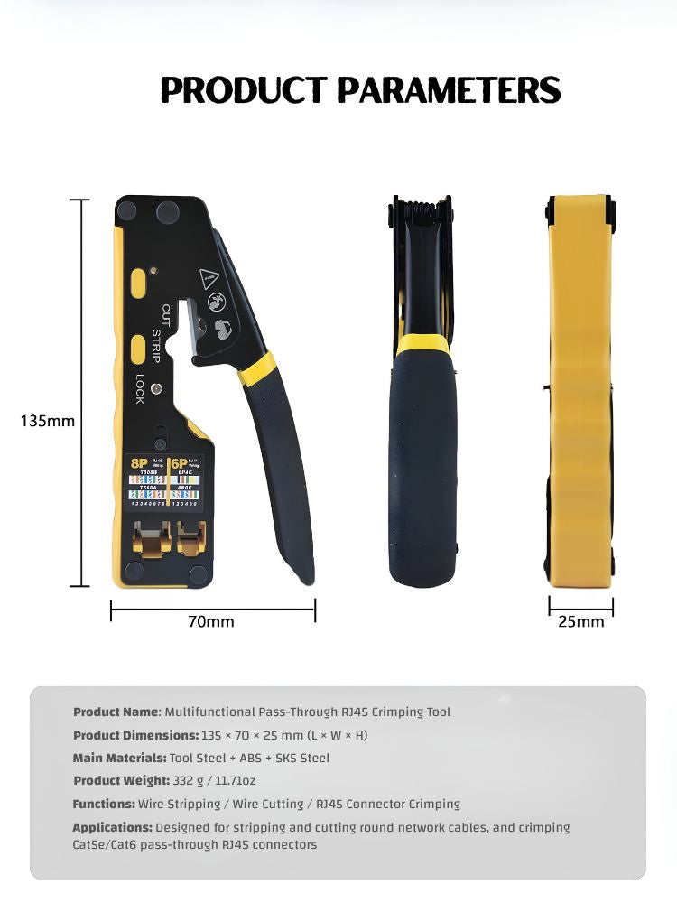 EZ Pass-Through RJ45 Crimping Tool, 3-in-1 Ethernet Cable Crimper with Cutter & Stripper, Dual 8P/6P for Pass-Through & Standard RJ45/RJ11 Connectors, Cat5e/Cat6