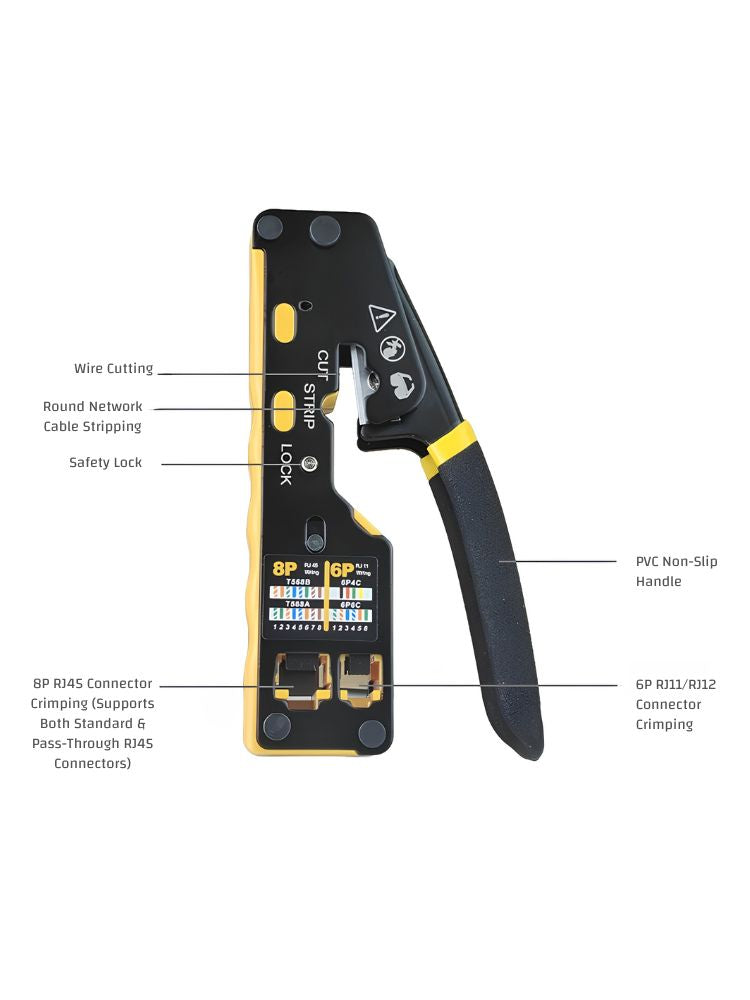 EZ Pass-Through RJ45 Crimping Tool, 3-in-1 Ethernet Cable Crimper with Cutter & Stripper, Dual 8P/6P for Pass-Through & Standard RJ45/RJ11 Connectors, Cat5e/Cat6