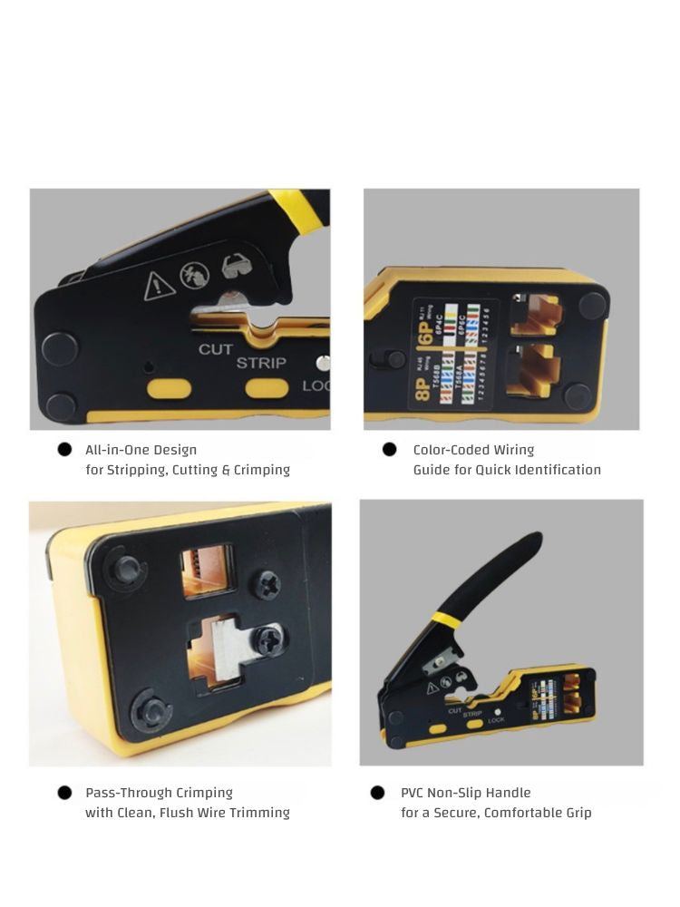 EZ Pass-Through RJ45 Crimping Tool, 3-in-1 Ethernet Cable Crimper with Cutter & Stripper, Dual 8P/6P for Pass-Through & Standard RJ45/RJ11 Connectors, Cat5e/Cat6