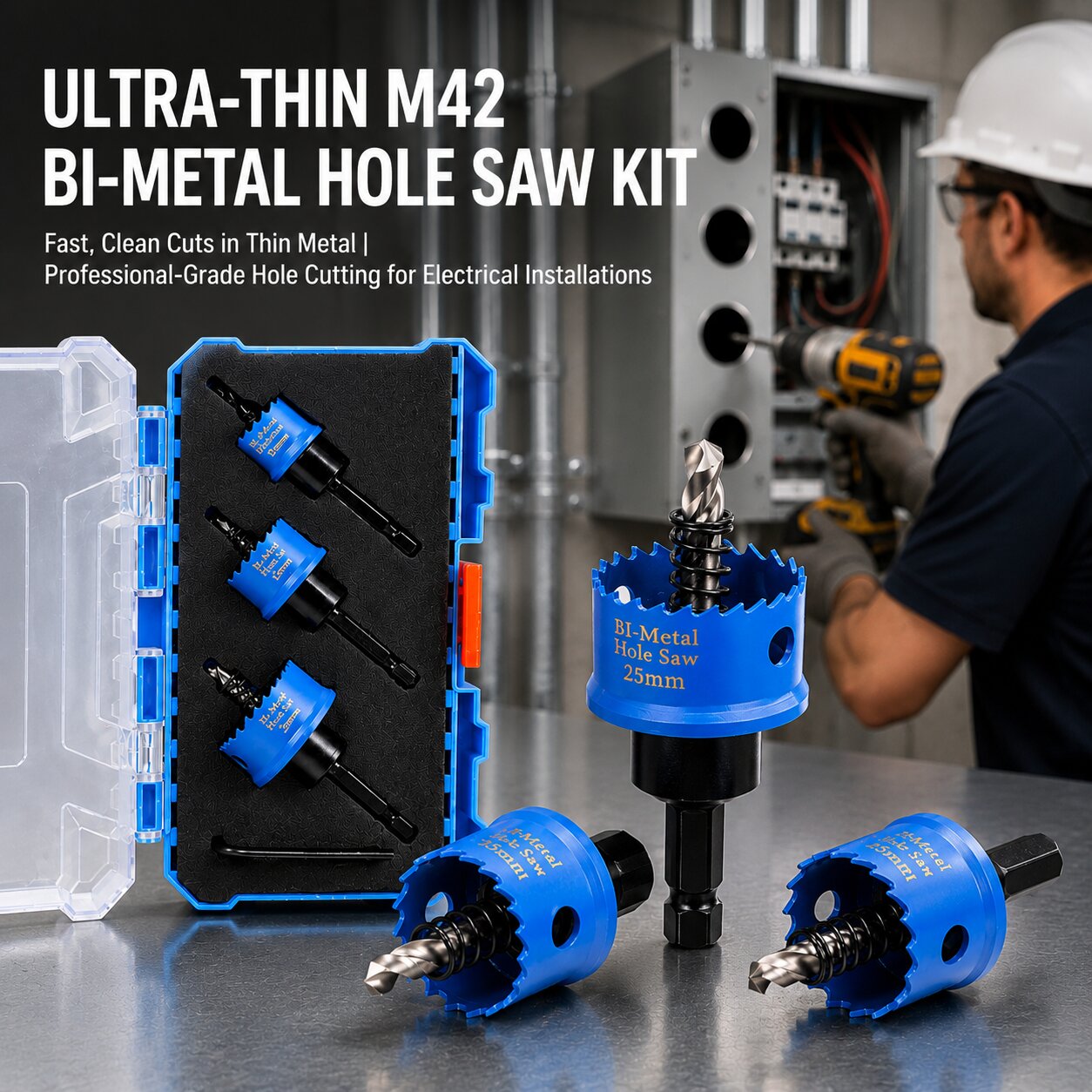 SR-HS03 M42 Cobalt Bi-Metal Hole Saw Kit, Ultra-Thin Multi-Tooth Hole Cutter Set with Quick-Change Hex Shank for Electrical Boxes, Sheet Metal, Plastic & Cable Trays (20/25/32mm)