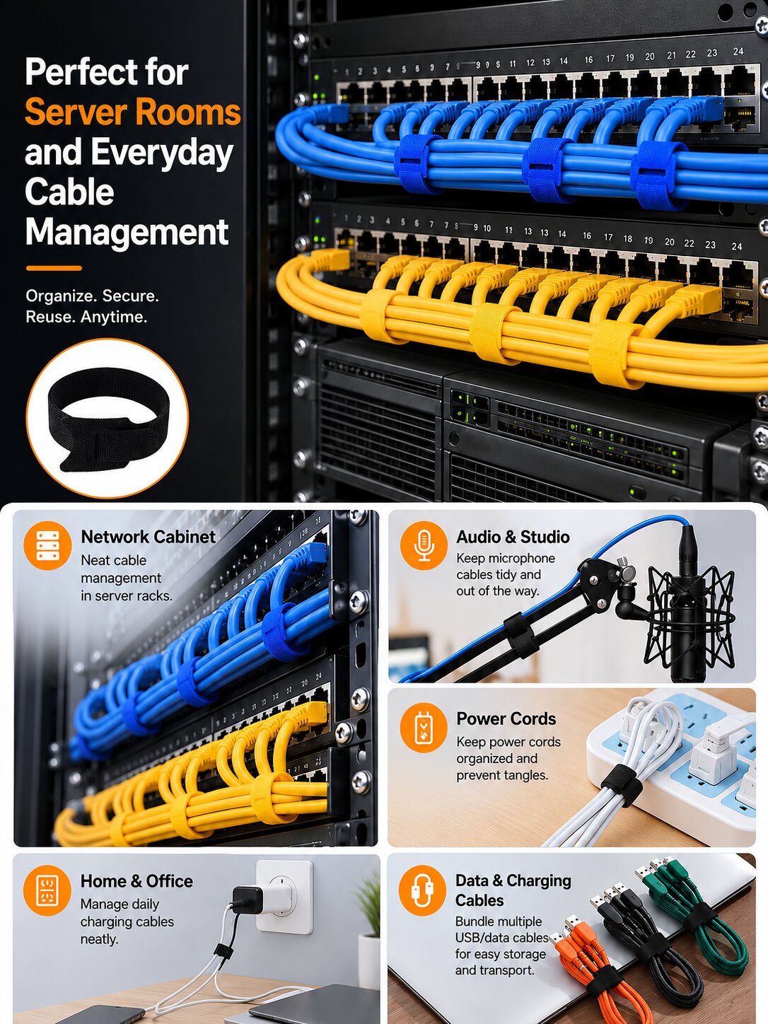 100pcs Reusable T-Head Hook & Loop Cable Ties - Back-to-Back Nylon Wire Management Straps for Server Racks, Network Cabinets, Data Centers & Home Office