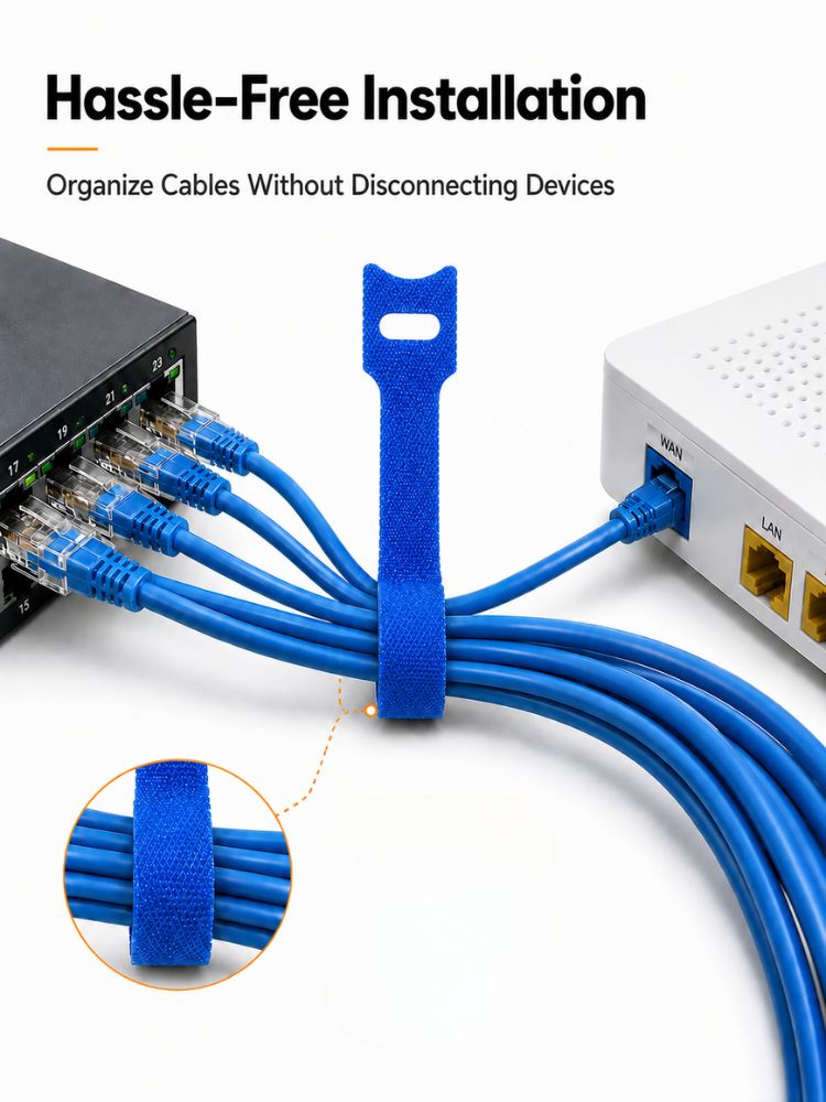 100pcs Reusable T-Head Hook & Loop Cable Ties - Back-to-Back Nylon Wire Management Straps for Server Racks, Network Cabinets, Data Centers & Home Office