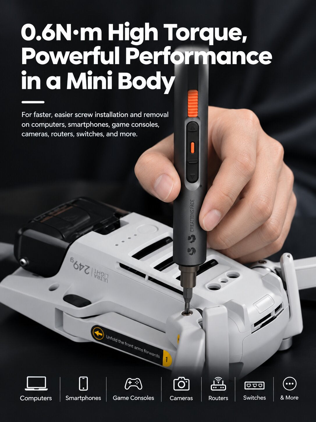 SR-SD18D Mini Electric Screwdriver Kit | 0.6N·m High-Torque 3-Setting Precision Screwdriver | 26 Bits, 3mm Universal Chuck for Drilling, 3 LED Lights for Computer, Phone, Electronics Repair