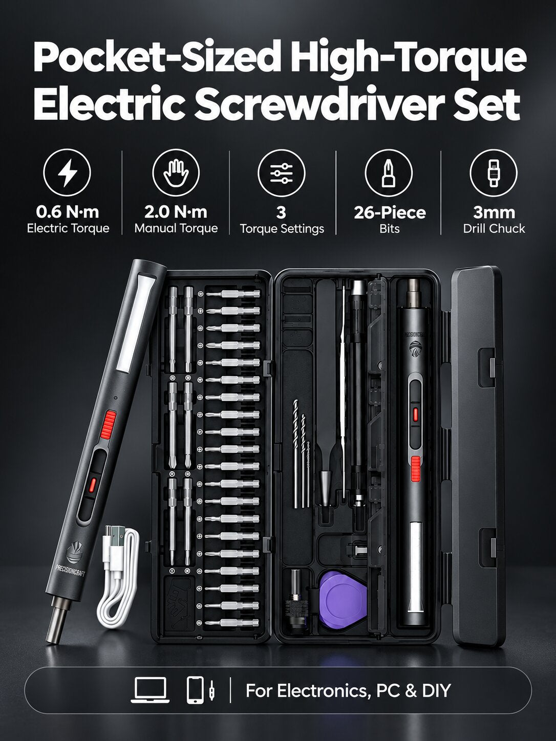 SR-SD18D Mini Electric Screwdriver Kit | 0.6N·m High-Torque 3-Setting Precision Screwdriver | 26 Bits, 3mm Universal Chuck for Drilling, 3 LED Lights for Computer, Phone, Electronics Repair