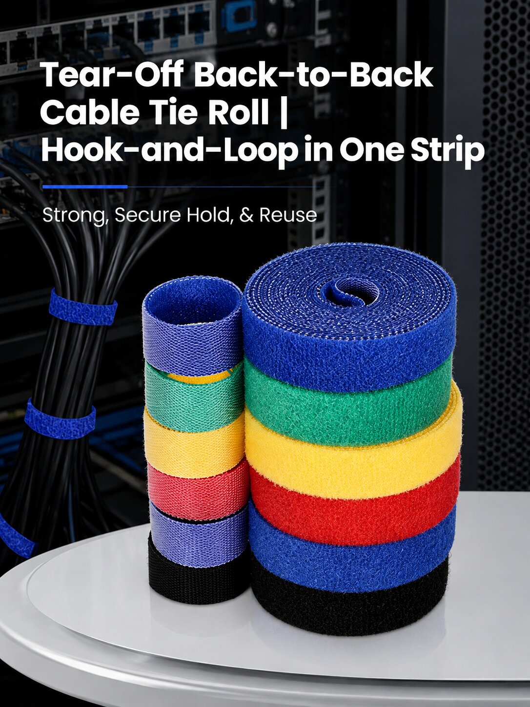 SR-CT811R Tear-Off Back-to-Back Hook & Loop Cable Tie Roll | Reusable Cable Wrap for Network Cabling, Server Rooms, Home & Office Cable Management. Ideal for Ethernet, Fiber, Power, HDMI, USB & more.