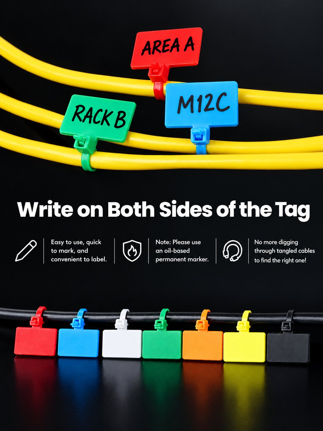 Writable Label Cable Ties | Color-Coded Nylon Cable Tags for Network, Server Room, Industrial, Electrical, Home & Office Cable Management | Self-Locking, Flame-Retardant, Premium Nylon 66