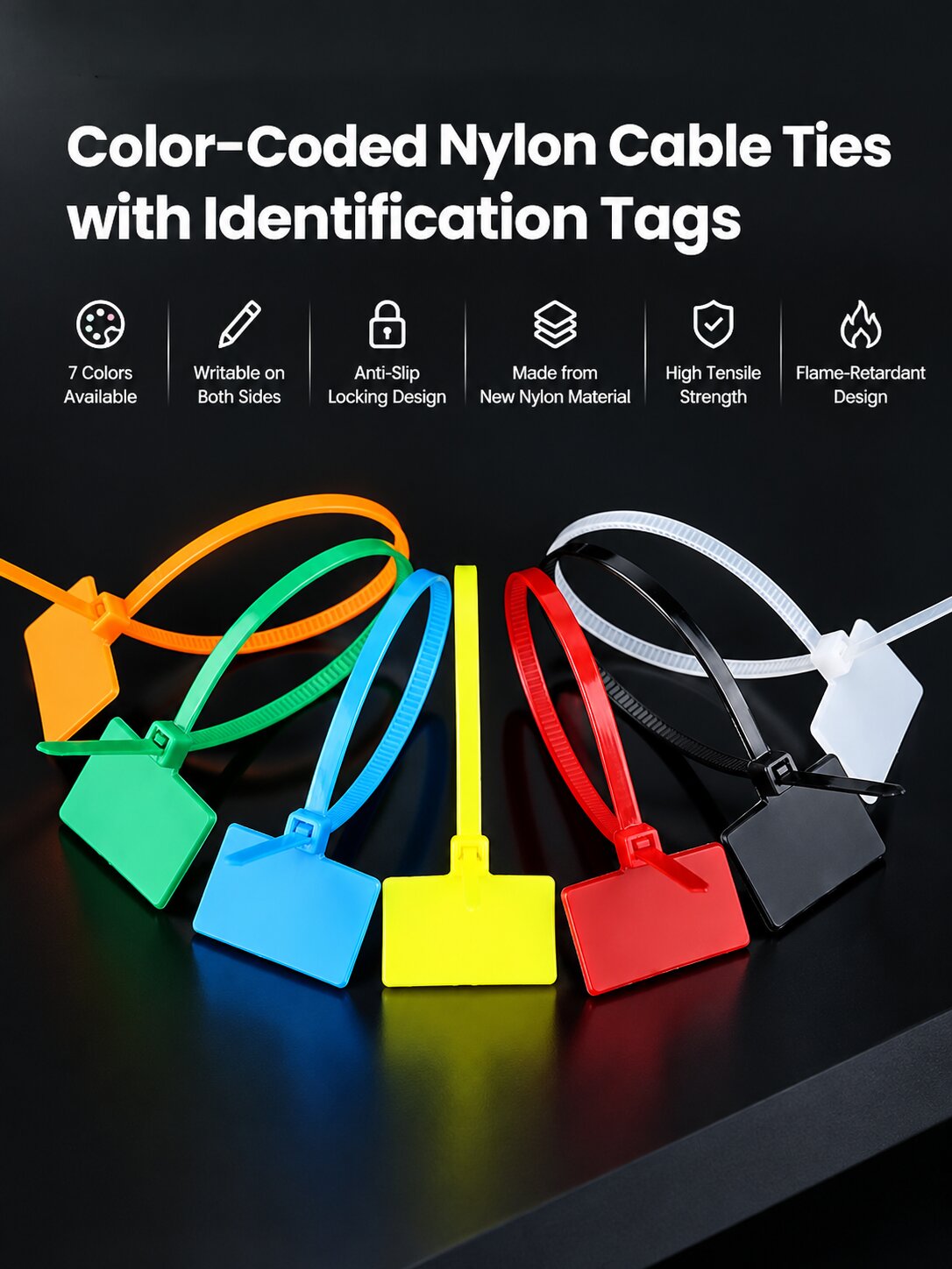 Writable Label Cable Ties | Color-Coded Nylon Cable Tags for Network, Server Room, Industrial, Electrical, Home & Office Cable Management | Self-Locking, Flame-Retardant, Premium Nylon 66